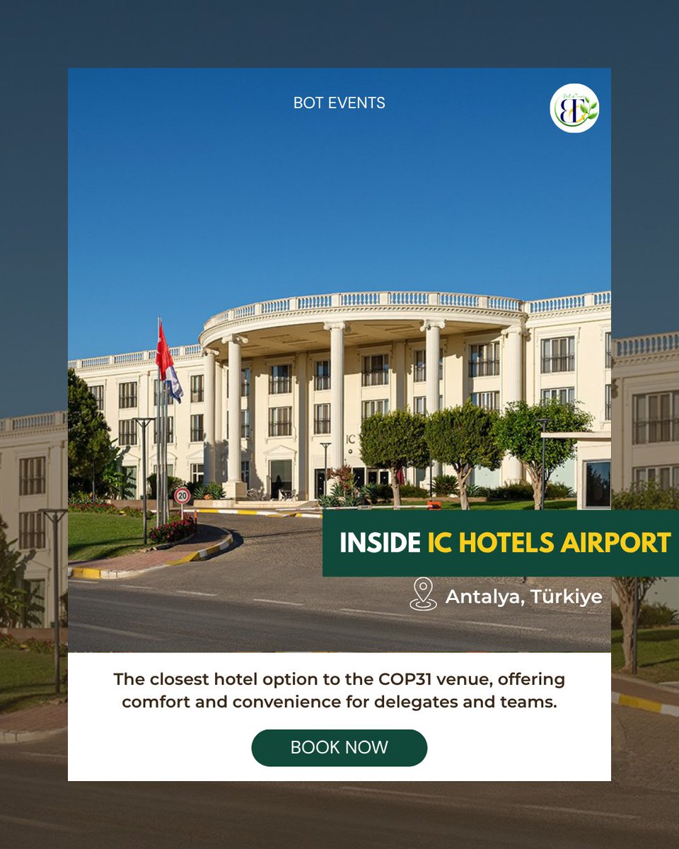 bot_events_'s tweet photo. When your COP31 schedule is packed, where you stay matters.

Book your COP31 accommodation with BOT Events:
https://t.co/UFXe5ZStxw

#COP31 #COP31Antalya #UNFCCC #ClimateAction https://t.co/YsBNPssXcT