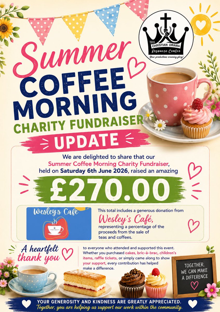 CDRCtweets's tweet photo. ☕️🎉 Great news!

Our Summer Coffee Morning Charity Fundraiser raised an amazing £270.00!

A huge thank you to everyone who attended, donated, bought cakes, raffle tickets, bric-a-brac, and children’s items, and to Wesley’s Café for their generous contribution. https://t.co/XblzdoeVte