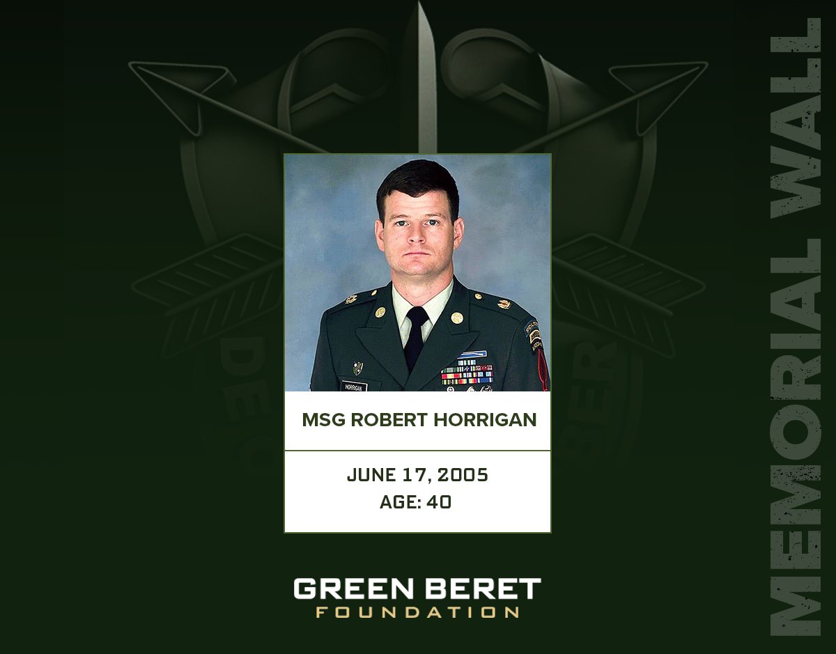 GreenBeretFound's tweet photo. Today, we honor the memory of Master Sgt. Robert M. Horrigan, killed in action on June 17, 2005. His service with 1st Battalion, 7th Special Forces Group (Airborne) and sacrifice for our nation will never be forgotten.
De Oppresso Liber.
https://t.co/E33Yt2YRx5 https://t.co/wcHJe13oNN