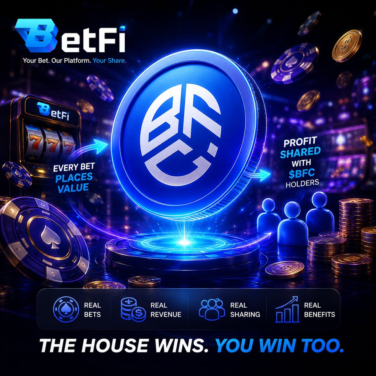 OfficialBetfi's tweet photo. What if every bet placed on a casino platform also benefited the people holding its token? 👀 That's the idea behind BetFi's profit-sharing model — a portion of platform revenue is designed to flow back to 
$BFC holders. 

#BetFi #BFC #ProfitSharing #GambleFi https://t.co/DZwI3YojUt