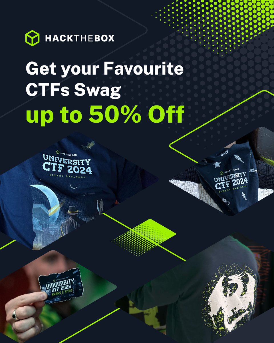 hackthebox_eu's tweet photo. CTF legends, hacker style, and bigger savings.

Grab limited-edition HTB CTF swag or build your own bundle with your favorite pieces and unlock up to 50% off while the offers last.

Rep the community. Gear up before they’re gone.

 Limited Edition CTF Swag: https://t.co/7zqM3kjmco
 Build Your Own Swag Bundle: https://t.co/WTx6sFrRAW

#HackTheBox #HTB #CTF #CaptureTheFlag #Cybersecurity