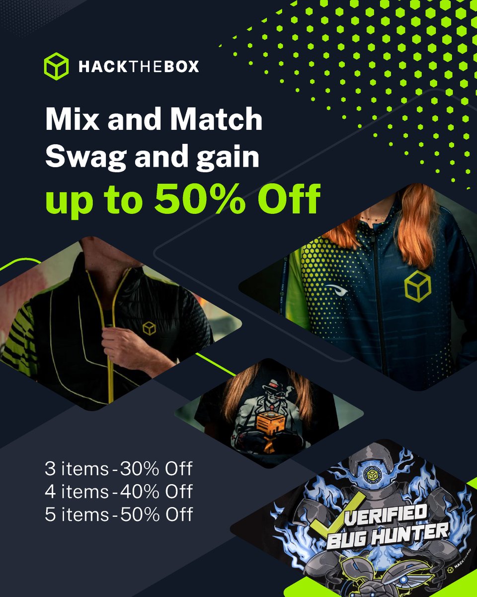hackthebox_eu's tweet photo. CTF legends, hacker style, and bigger savings.

Grab limited-edition HTB CTF swag or build your own bundle with your favorite pieces and unlock up to 50% off while the offers last.

Rep the community. Gear up before they’re gone.

 Limited Edition CTF Swag: https://t.co/7zqM3kjmco
 Build Your Own Swag Bundle: https://t.co/WTx6sFrRAW

#HackTheBox #HTB #CTF #CaptureTheFlag #Cybersecurity