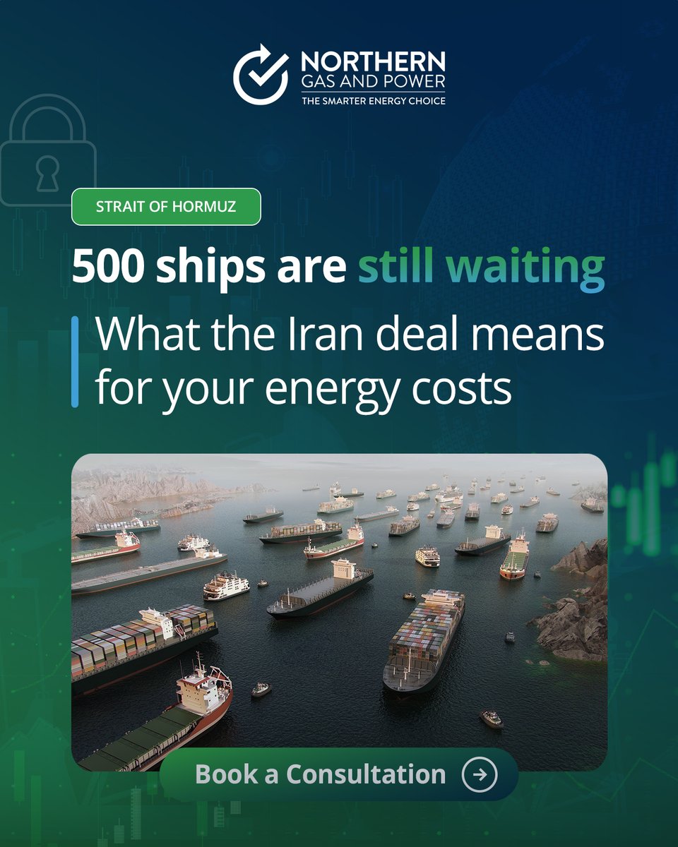 NGPLtd's tweet photo. The headline says the war is over. The Strait of Hormuz says “not yet.”

Energy prices have eased as markets price in a deal, but around 500 vessels remain queued and passage is still risky.

For businesses, today’s prices reflect optimism, not certainty.

https://t.co/znDeLZptkk https://t.co/EJMV9SuxI7