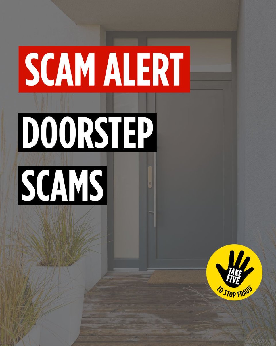 tsecrime's tweet photo. @TakeFive : Criminals can knock at your door, posing as tradespeople, claiming there’s a serious problem with your house.   It's okay to:      
-  say no to anything they are pressuring you to do      
-  shut the door.      
#TakeFive #DoorstepSafety https://t.co/xtrzjBgCuf