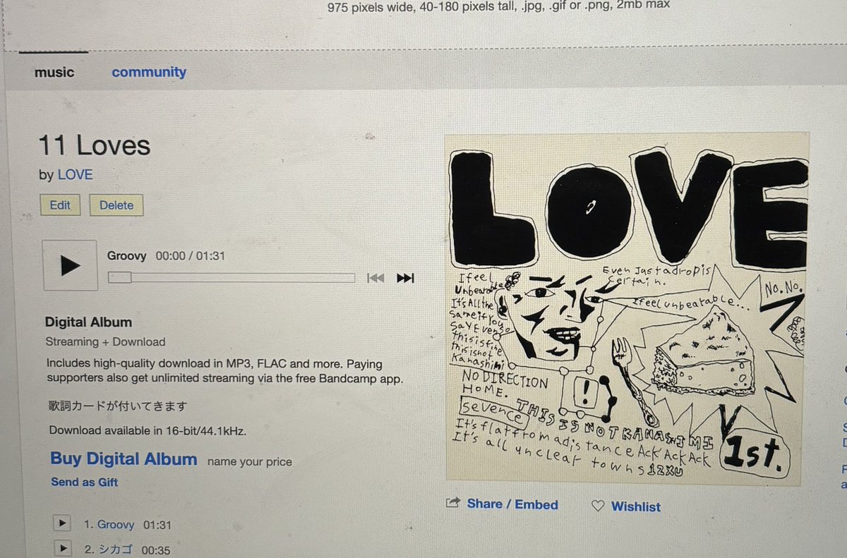 go_at_it_'s tweet photo. LOVEのdemoをbandcampに上げました！なんにもなってないし何かの途中だけど、全部LOVEなのでとりあえず聴いてください！これはフィジカルではつくらないっす！今1stアルバム作ってるんで待ってて下さい！無料でダウンロードできて、歌詞カードとか見れます！

https://t.co/O3YsHevQDy https://t.co/oGQiMeJnSZ