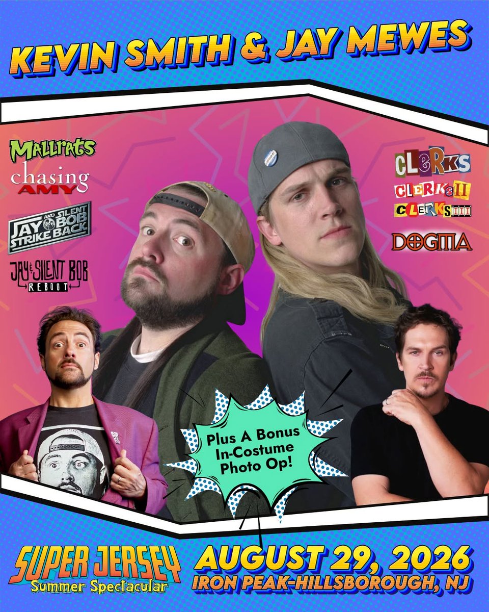 SuperJerseyExpo's tweet photo. The Anchor Beings Are Coming.
We are elated to announce that both @ThatKevinSmith and @JayMewes have signed-on for August 29th in Hillsborough, New Jersey making it the largest Mallrats Cast Reunion in our glorious home state's history!

Not only that, Jay & Kevin will be doing an IN-COSTUME PHOTO OP AS JAY & SILENT BOB at 4pm!

Full Schedule To Be Posted Friday!

CONFIRMED GUESTS:
• Jason Lee
• @JoeyLaurenAdams
• @EthanSuplee 
• @SirJeremyLondon 
• Renee Humphrey
• @BrianCOHalloran 
• Kevin Smith
• Jason Mewes

Admission tickets are only $10 online at https://t.co/xZKeZmx4B0 and all autographs/photo pre-sales will go online THIS FRIDAY, June 19th.

All Mallrats Cast Reunion updates will be posted at https://t.co/5BJOk78MQg! 

@njdotcom @viewaskew @WizardsComics @comicsbeat @The_SecretStash