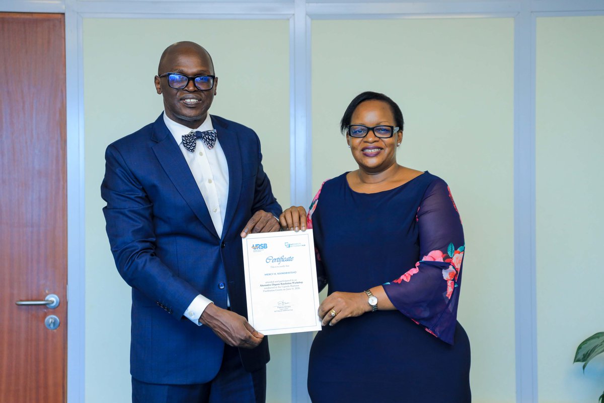 URSBHQ's tweet photo. .@URSBHQ Registrar General Ms. Mercy K. Kainobwisho receives a Certificate of Participation from Senior Counsel Francis Gimara, Head, ALP Dispute Settlement Hub @AlpDisputeHub, following the completion of a high-level Alternative Dispute Resolution (ADR) training at the URSB offices in Kololo.

URSB plays a crucial role in resolving commercial disputes in line with its mandate. 

The training was organised to strengthen institutional capacity in Alternative Dispute Resolution (ADR) mechanisms to facilitate expedient and affordable dispute resolution.

#ADR #DisputeResolution #CapacityBuilding #Justice #ProfessionalDevelopment #URSB