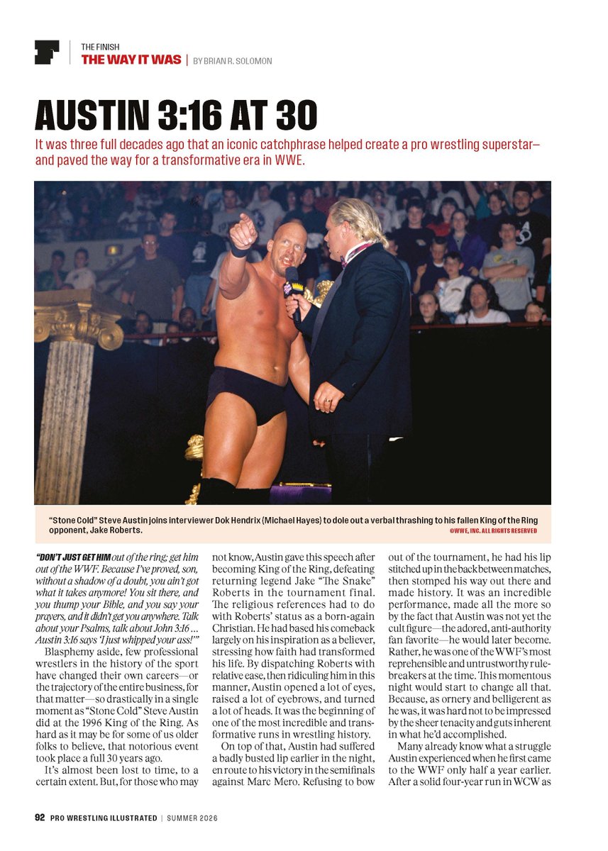 BrianRSolomon's tweet photo. A peek at my The Way It Was column from the summer 2026 issue of Pro Wrestling Illustrated, looking back thirty years later at the Austin 3:16 promo from King of the Ring.
Pick up the issue in print or digital at the link in the comments. https://t.co/L3mJPE0v29