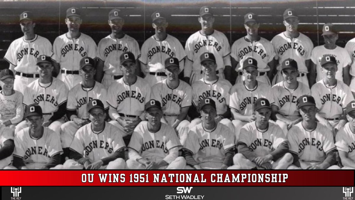 KREFsports's tweet photo. 75 years ago today: OU baseball won the 1951 national championship.

The Sooners defeated Tennessee in the championship game, 3-2, to become the first team in CWS history to roll through the double-elimination tournament without a loss. 

Head coach Jack Baer said years later: "We just weren't a great team, but everybody worked hard. We had a couple of good hitters and two good pitchers, three really."

Along with the baseball title, OU also won the football and wrestling national championships, giving the Sooners the  distinction of being the first school to win three titles in one school year.
