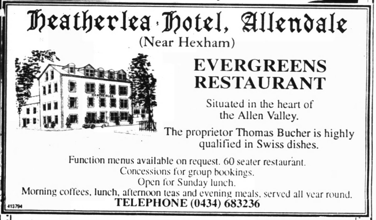 TyneSnapper's tweet photo. #Allendale #Northumberland Standing at the west side of the Market Place, Allendale is the former Heatherlea Hotel, now converted into apartments. Built in 1903 it survived until 1999 when it was redeveloped into residential. Photographed on this day 17th June 2018.
Advert from the Evening Chronicle 21st April 1992.