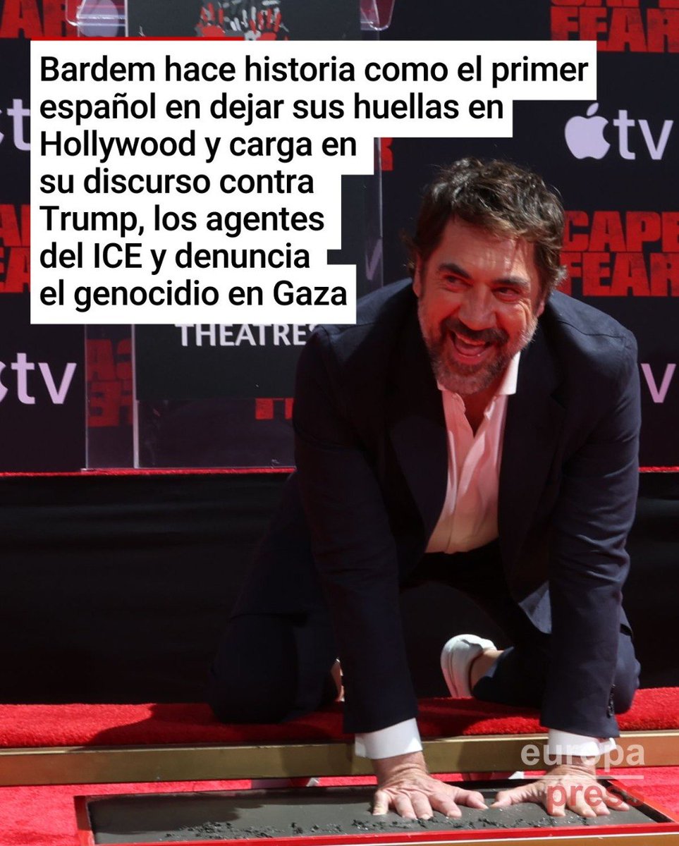 vizcaya28045's tweet photo. 🎥 Javier Bardem hace historia como el primer español en dejar sus huellas en Hollywood y aprovecha su discurso de agradecimiento para cargar contra Trump, los agentes del ICE y denunciar "el genocidio en Gaza" https://t.co/NSlpVELpRn https://t.co/GlN5rE3i55