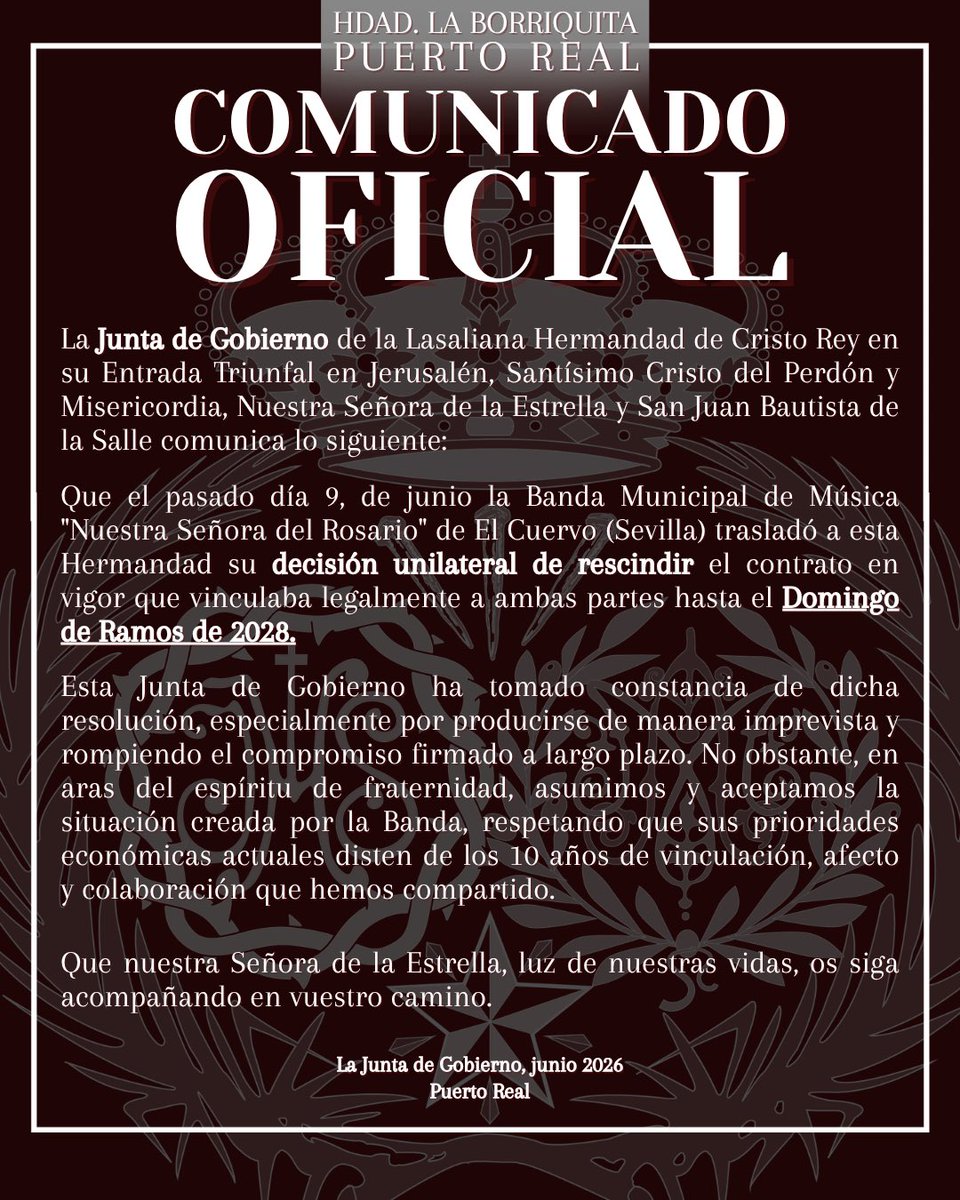borriquitapreal's tweet photo. 𝐂𝐎𝐌𝐔𝐍𝐈𝐂𝐀𝐃𝐎 𝐎𝐅𝐈𝐂𝐈𝐀𝐋 || Comunicado sobre la ruptura unilateral del contrato hasta 2028 por la Banda de El Cuervo.

👇 Texto en imágenes. https://t.co/WZjMQTu3AE