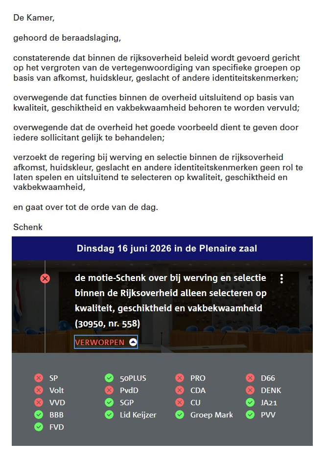 Gerard1945X's tweet photo. Een Kamermeerderheid blijkt het geen probleem te vinden dat autochtone Nederlandse werkzoekenden met perfecte kwalificaties vanwege de diversiteits- en inclusiewaanzin bij de Rijksoverheid worden gediscrimineerd. Motie verworpen. https://t.co/zZ7zNDo0fM