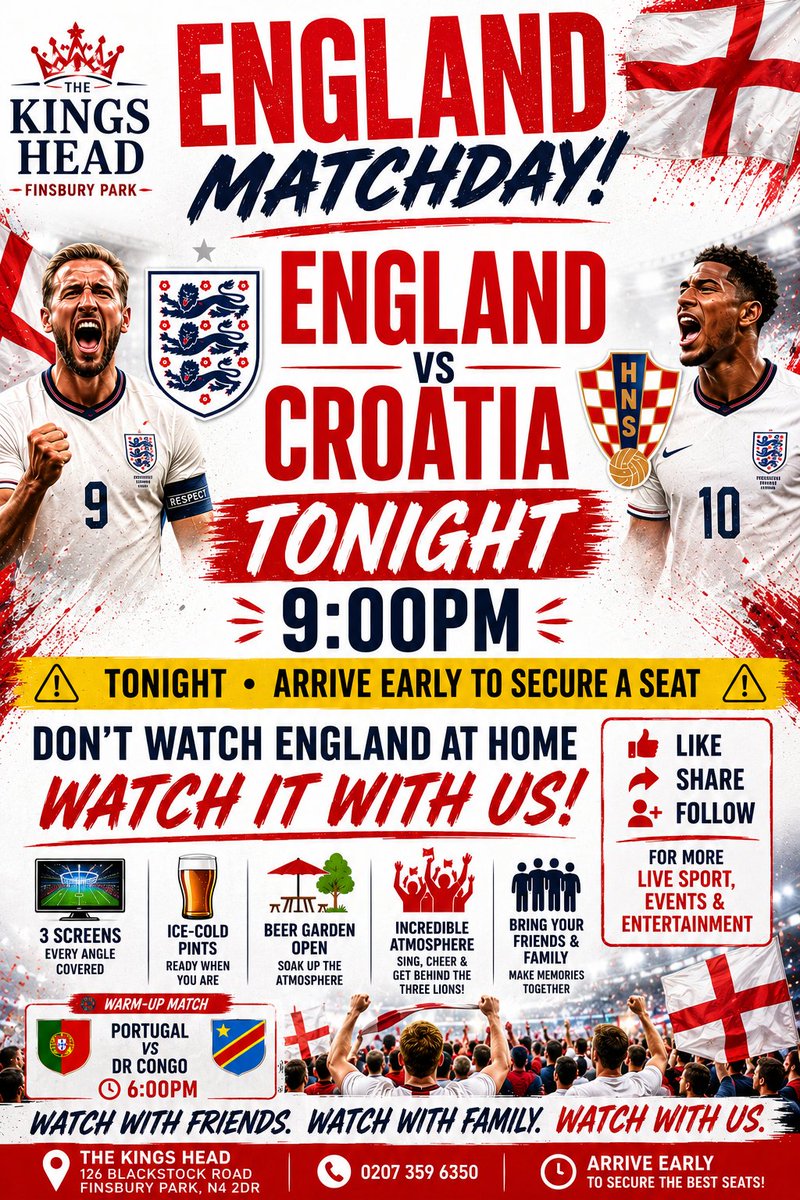 Kings_Headldn's tweet photo. 🦁 🦁 🦁 ENGLAND MATCHDAY 🦁 🦁 🦁

⚽ Portugal vs DR Congo – 6PM

🦁 🦁 🦁 ENGLAND vs CROATIA 🇭🇷 – 9PM

📺 3 Screens
🍺 Cold Pints
🌳 Beer Garden
Don't watch England at home. Watch it with us.
#ThreeLions #EnglandVsCroatia #WorldCup2026 #TheKingsHead #ItsComingHome https://t.co/YKwBTVApPr