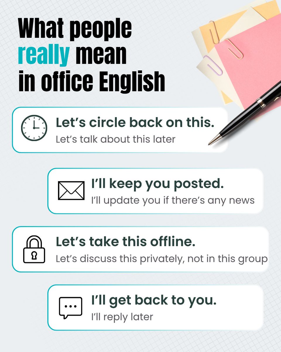 italki's tweet photo. Office English can sound polite, but sometimes it means something totally different. 👀
Save this cheat sheet to understand what your coworkers really mean at work!

#learnenglish #officeenglish #italki #businessenglish #englishtips https://t.co/jLNSU0cpHm