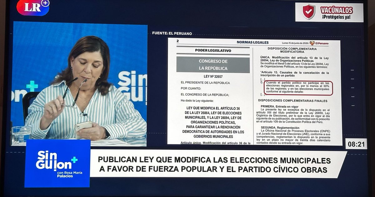cviguria's tweet photo. Interesante lo que acaba de exponerse en el programa de @rmapalacios : en pleno periodo de intangibilidad de normas por las elecciones municipales, modificaron las reglas para cancelación de inscripción de los partidos. 

Antes, se cancelaba la inscripción por participar en menos del 50% de las regiones. El lunes, publicaron para que sea de por lo menos del 30%. 
Se señala que esto beneficiaría a partidos como Fuerza popular que planea postular en pocas circunscripciones en las regionales.