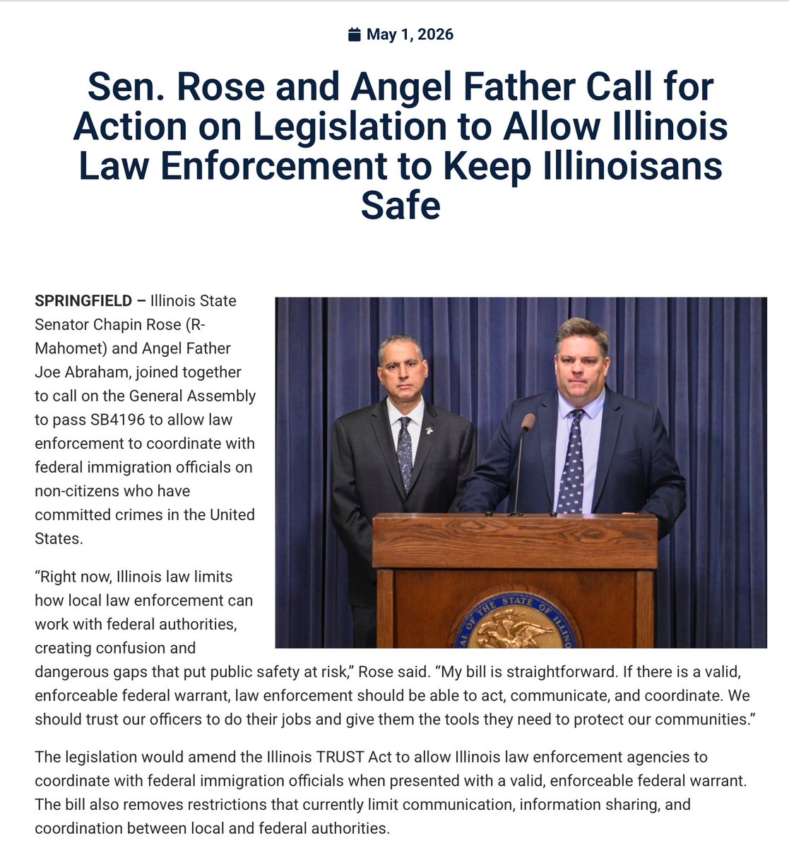 MissinRoyko's tweet photo. Angel Father Joe Abraham, who lost his daughter Katie due to Pritzker and the Illinois Democrats dangerous policies protecting ILLEGAL ALIENS, and State Senator Chapin Rose called on the Illinois Democrat controlled legislature to pass SB4196 to amend the TRUST ACT

The TRUST ACT was passed in 2017 under Bruce Rainer’s administration and resulted in Illinois becoming a sanctuary state

Then in 2021 Illinois passed the WAY FORWARD ACT which limits sheriff’s’ involvement in civil immigration enforcement and provides for additional protection for ILLEGAL ALIENS and immigrant communities 

The Democrats Super Majority in both the Illinois House and Senate consistently block any bills to amend or repeal the TRUST ACT never allowing such to reach the floor for a vote

Joe Abraham’s and Chapin Rose’s SB4196 is no exception. The bill has not been assigned to a committee meaning it is unlikely to move forward due to the Democrats super majority 

The focus is on Pritzker for refusing to repeal the TRUST or WAY FORWARD ACTS but an equal amount of blame should be placed on the Illinois Democrat controlled legislature 

If Pritzker isn’t defeated and the Blue dots turned to Red in the November general election, NOTHING CHANGES IN ILLINOIS