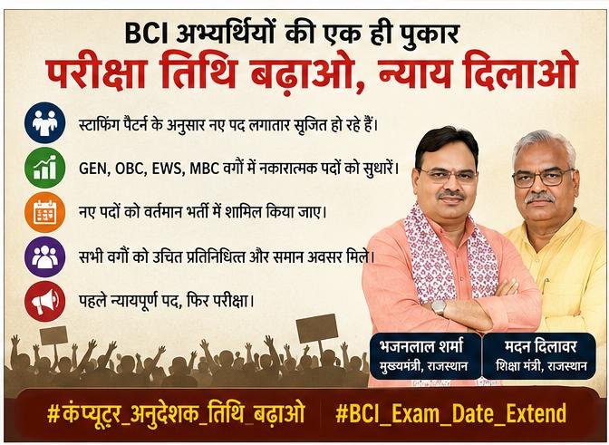 NareshD63841783's tweet photo. पीटीआई भर्ती की तरह ही कंप्यूटर अनुदेशक भर्ती के अभ्यर्थियों को भी तैयारी और पद वृद्धि का मौका मिलना चाहिए। परीक्षा तिथि को आगे बढ़ना बेहद जरूरी है।
@Rajcmo @Madandilawar @Rajeducation @alokrajRSSB #कंप्यूटर_अनुदेशक_तिथि_बढ़ाओ #BCI_Exam_Date_Extend https://t.co/AxxcgdUcpy