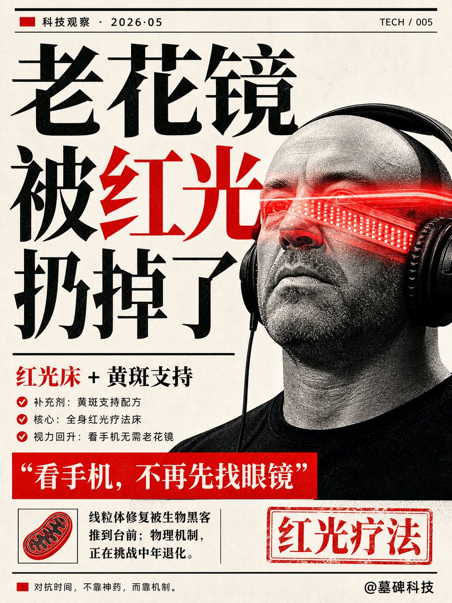 mubeitech's tweet photo. Joe Rogan 把老花镜彻底扔了。

这位 50 多岁的美国顶流播客主，前阵子还在经历所有中年人的痛：
视力崩塌，老年性黄斑病变，看手机一秒都离不开老花镜。
但最近，他的视力停止了恶化，甚至还"回春"了。

他是怎么搞的？
两件事。

第一，吃补充剂，Pure Encapsulations 的黄斑支持（macular support）。

第二，也是最关键的：红光疗法（Red light therapy）。

他没用那种照脸的小仪器，直接整了一个"红光床"（red light bed），整个人躺进去照。

效果有多夸张？
Joe Rogan 自��说，他的视力已经改善到看手机完全不需要老花镜了，拿起来直接看。

事实上，硅谷和欧美那帮硬核生物黑客（Biohackers）最近都在疯狂推崇红光对线粒体的修复作用。

科技的发展，有时候真不需要等什么超级神药。
把已有的物理和生物学机制���明白，就已经足够普通人去对抗时间了。