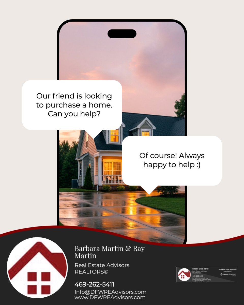 DFWREAdvisors's tweet photo. Know someone buying or selling a home? Referrals are key to my work, and I'm here to help, near or far. Let's ensure they get top-notch guidance on their real estate journey. Your referrals can help make dreams come true. https://t.co/WpxFHKoznA