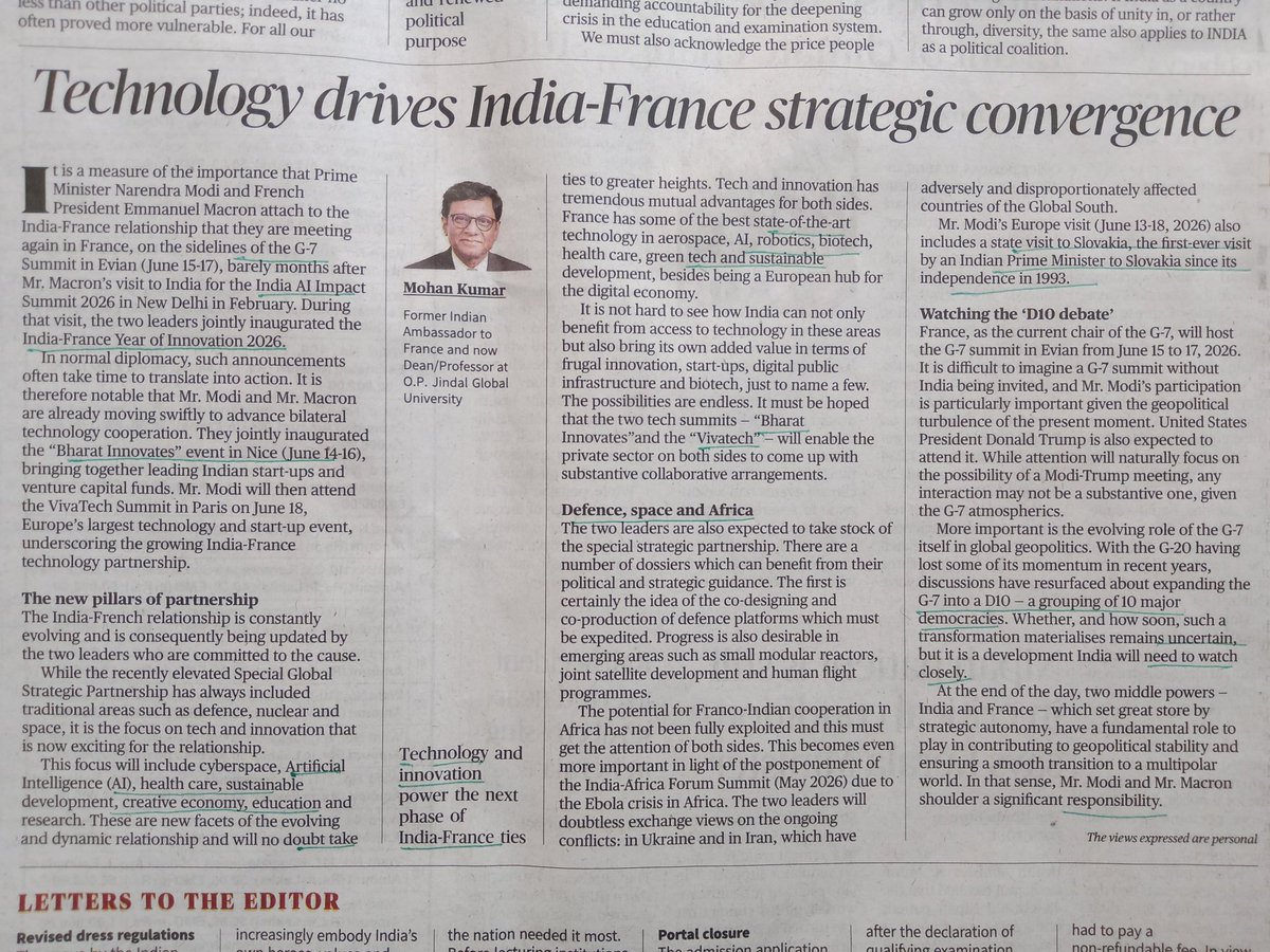 StratumIAS's tweet photo. Important article for UPSC CSE Mains exam.

Technology drives India-France strategic convergence.

(Only notes some Important facts from this article) https://t.co/x82rvgKpfF