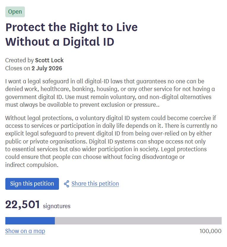 DaiReaver's tweet photo. Came across a Petition that I feel needs more attention in the UK. It's important that we have the means to retain access to main services even if we reject Digital ID. If access is removed from us, then Digital ID is not voluntary, it's mandatory.
https://t.co/dNR00aHYhV https://t.co/vXwo1YF1FT