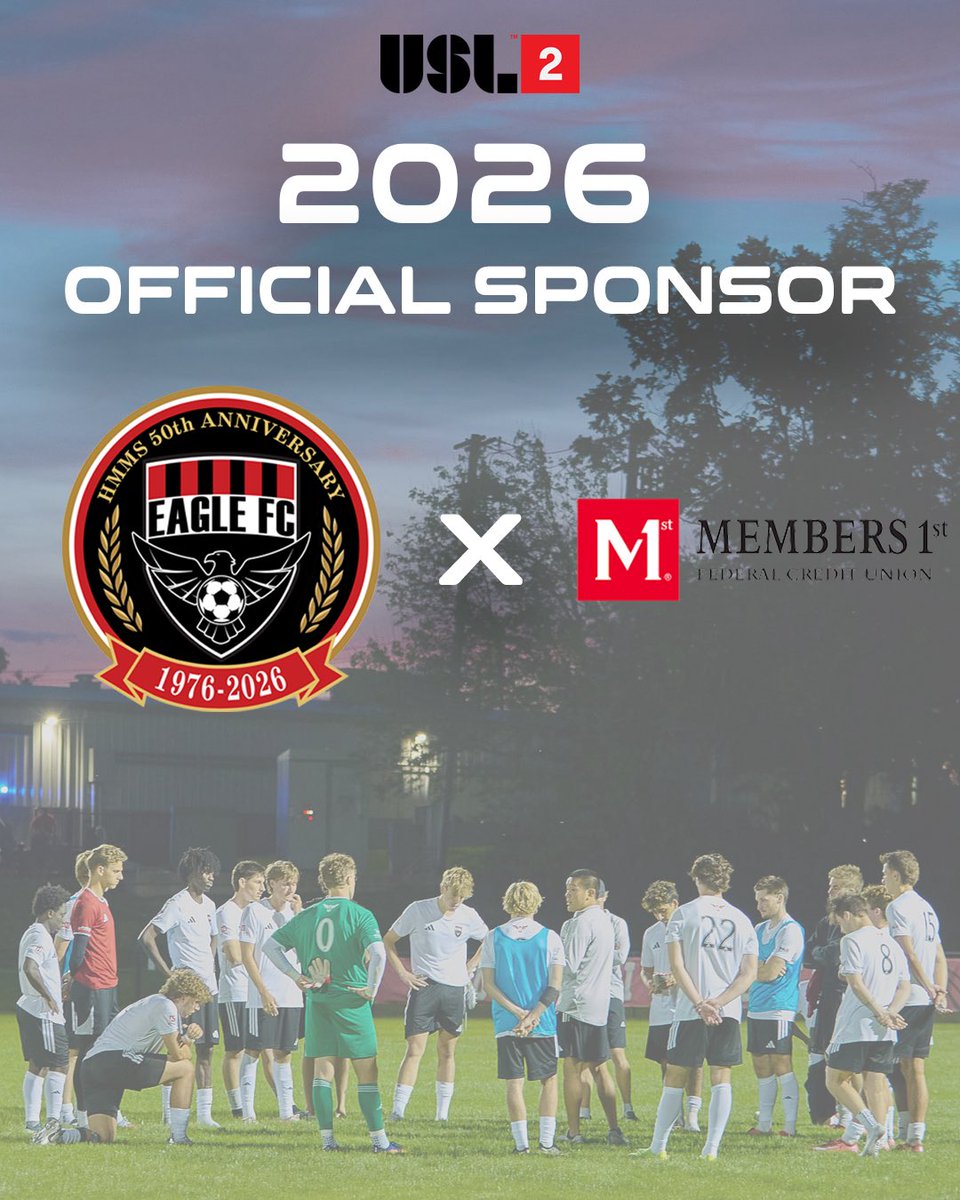 eaglefcmen's tweet photo. Eagle FC Men are proud to announce Members 1st Federal Credit Union as an Official Sponsor for the 2026 season.

Thank you for your partnership and support in our inaugural USL League Two season. We’re proud to welcome you to the Eagle FC Family.

Welcome @Members1stFCU 🔴⚽️ https://t.co/ze7aTBGAPY
