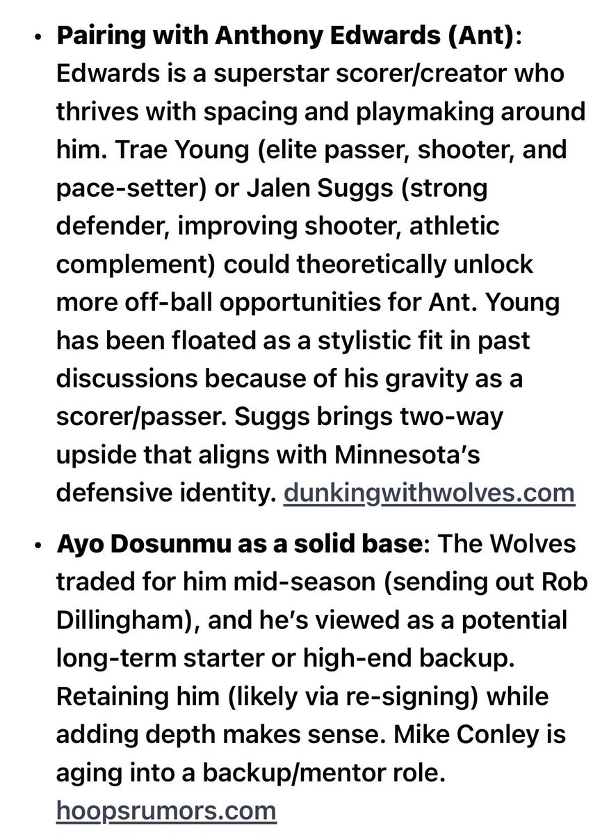 SportsMinny's tweet photo. Young and Suggs for Me ๐๐๐
Availability is what usually matters most most โ thatโs what prioritizes work focus for those in similar acquisition and development related fields.
Iโve laid out suggestions in previous posts how to proceed and what to offer if i were #Twolves
Itโs one of those things surprisingly overlooked by people in operations โ they spend time dreaming and waxing on how great asset x would be on team when there was no way asset x was or could be available from its owner. Theyโre fine for those strategic offsites where everyone sings koombaya tho then the people in strategy hopefully listened and gleaned the common traits and systematic fits and synergies of desired asset x (who isnโt available) and then goes and gets it for the ops team from player y or z (who actually is available;)