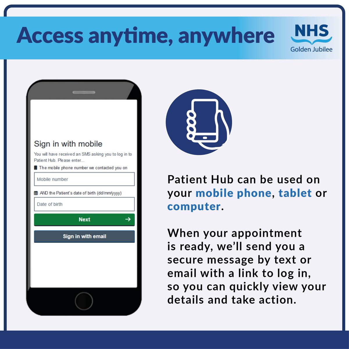 JubileeHospital's tweet photo. Patient Hub is a new digital service improving how we communicate with ophthalmic patients. 

Patients can securely view, confirm, cancel or request to change appointments online.

Find out more: https://t.co/9he3U5T9sQ https://t.co/bcJBFilLE1