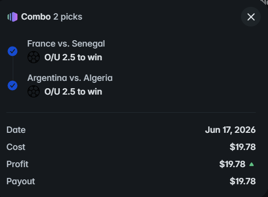 chandan28882's tweet photo. WHAT A NIGHT!  

 France 3-1 Senegal (Mbappé masterclass, brace)

Argentina 3-0 Algeria (Messi HAT-TRICK!!)  
Both stars single-handedly dragged their teams — over 2.5 goals in each   

Dropped $5 on Polymarket combo... cashed $19.78   Messi & Mbappé cooking early at the 2026 World Cup. Legend behavior. 

  #WorldCup2026 #Messi #Mbappe