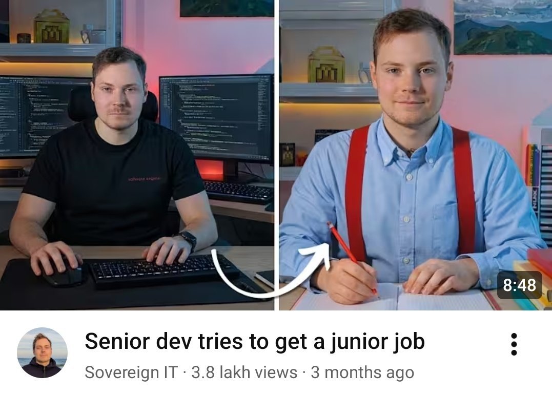 sayandedotcom's tweet photo. A senior engineer created a fake junior dev to test hiring advice.

The profile had:
> good portfolio
> active GitHub
> senior-level projects
> even faked YOE

He ran the experiment in the Netherlands, a country known for its developer shortage.

Applied to 36 jobs and didn’t get a single interview.

The junior dev market is brutal