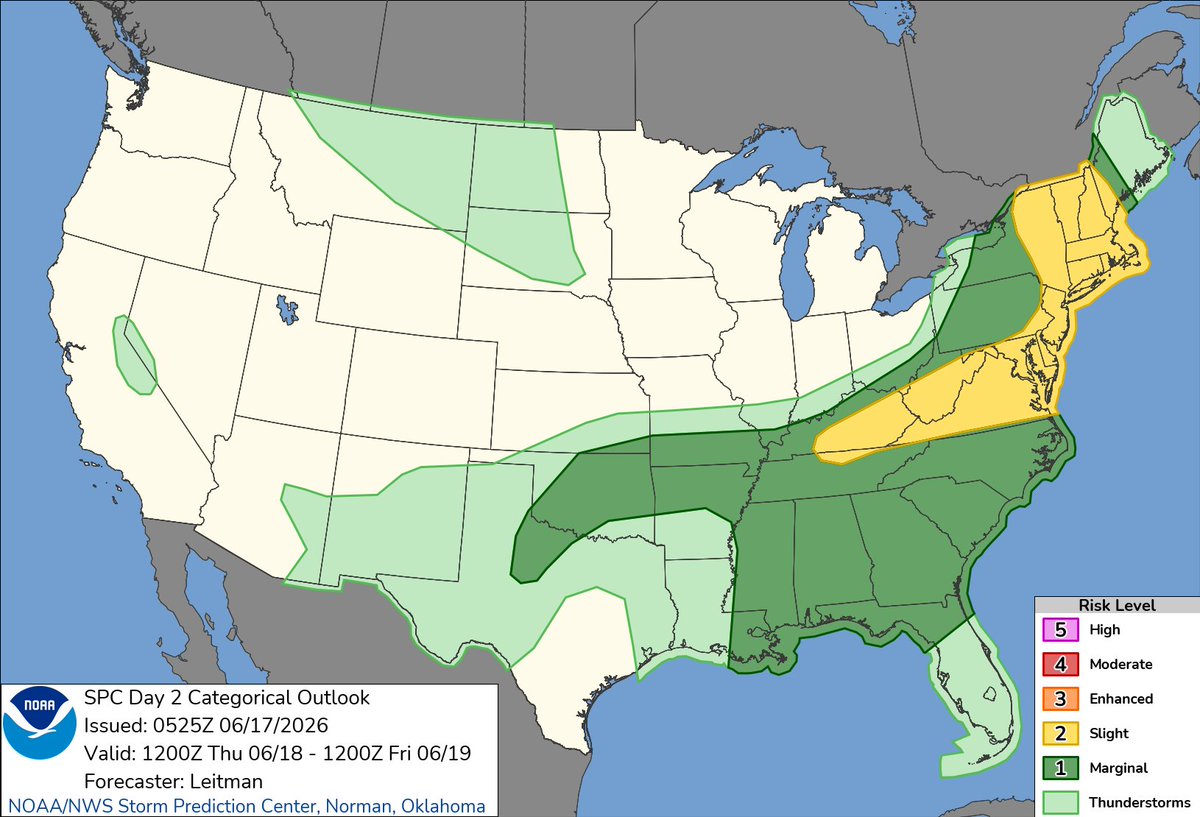 SupercellSyn's tweet photo. Wednesday's (6/17/26) fresh SPC convective outlooks brought to you by Otto

Day 1 · Day 2 · Day 3 · Day 4-8 https://t.co/oRYxour6sx
