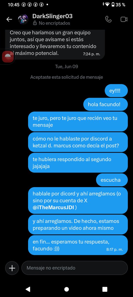 iTheMarcusJDI's tweet photo. @DarkSlinger03 @JJVCF_18 Hola Facundo! Me presento, soy Marcus, el lider actual de @DelTranslate . Nos mandaste mensaje hace unos meses diciendo que querías trabajar con nosotros, pero resulta que lo vimos recién hace poquito, mala nuestra :/
¿Podríamos hablar por mensaje privado? ¡Abrazo! :))) https://t.co/RhrFYGPmSB