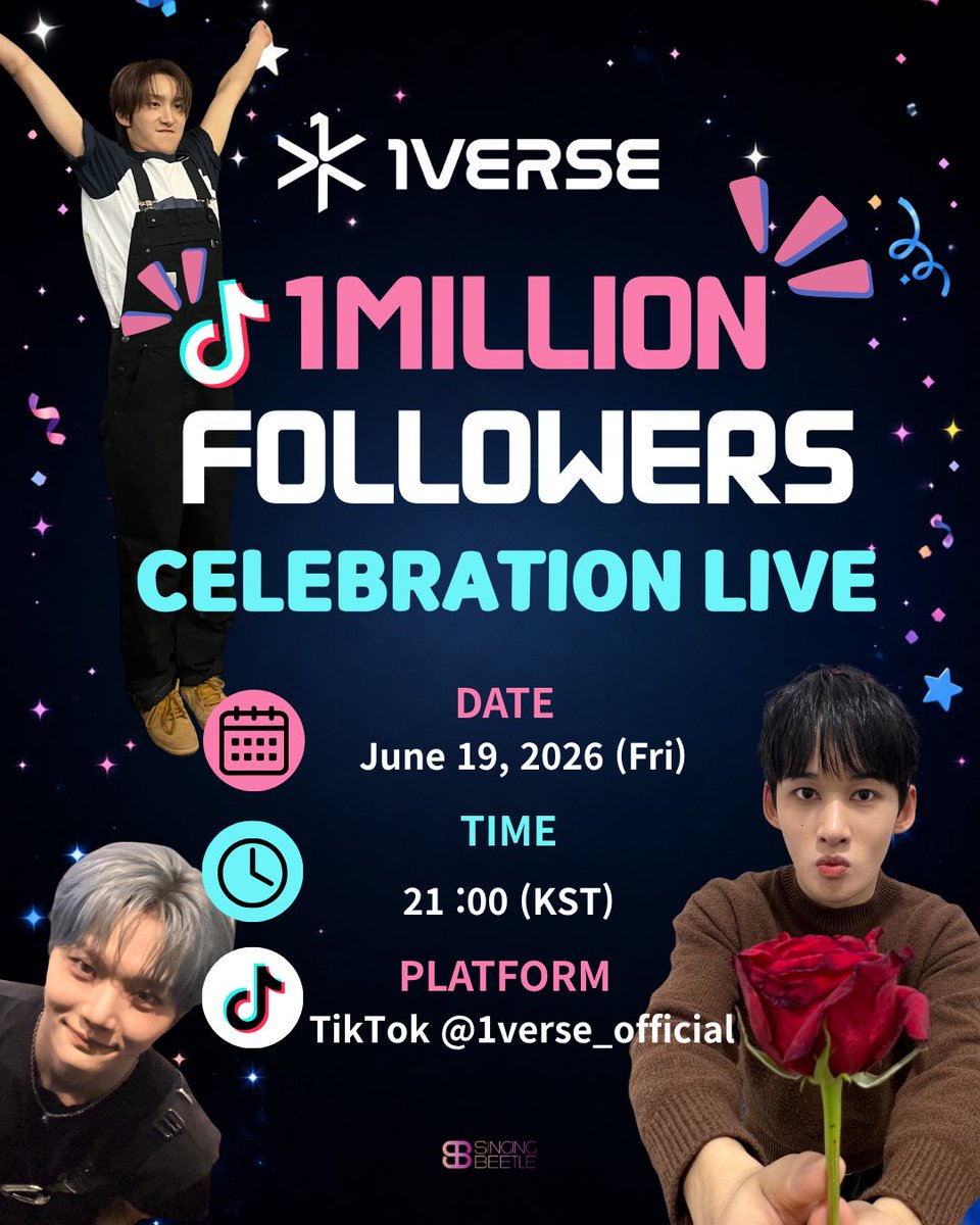 1VERSE_official's tweet photo. 🎉 1 Million TikTok Followers Live 
We did it, 5TARZ! 

Join us on TikTok Live this Friday as we celebrate hitting 1 million followers together 💙

Free for everyone — no tickets, no fees, just come celebrate with us!

📅 June 19, 2026 | 9:00 PM (KST)
📍 TikTok @1VERSE_official

See you on TikTok Live!