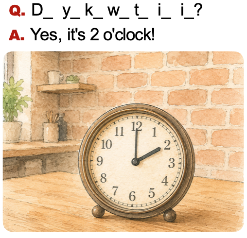thinkingworldjp's tweet photo. 英語のクイズ! 🤗
Fill in the blanks! 
Can you do it?🧐

Q. D_  y_  k_ w_ t_ i_ i_?
A. Yes, it's 2 o'clock! https://t.co/4yBEv3iRqg