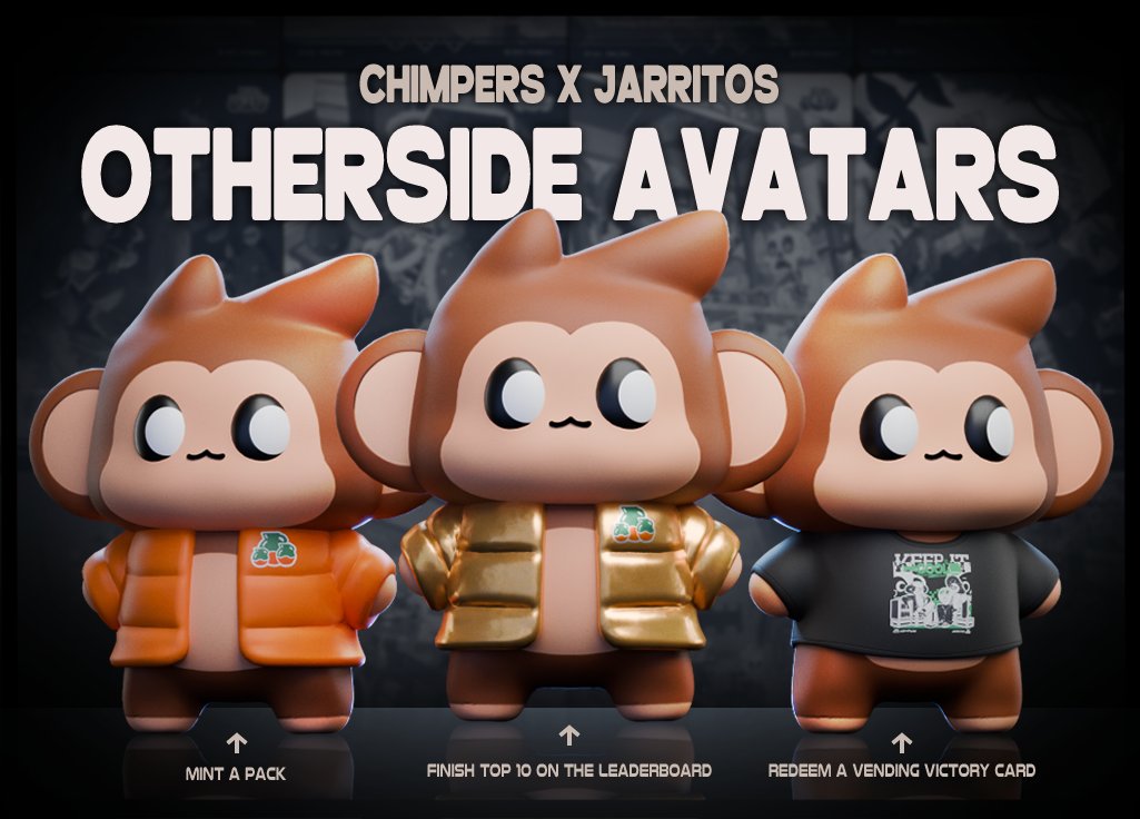 ChimpersHQ's tweet photo. Meet the Chimpi x @Jarritos @OthersideMeta Avatars

Mint a pack → Unlock the Orange Puffer Avatar + exclusive Chimpin Badge

Pull a Vending Victory card → Unlock the T-Shirt Puffer Avatar

Finish Top 10 on the leaderboard → Unlock the Gold Puffer Avatar

Each avatar is a collectible NFT, playable in Otherside, and contributes towards your Dojo Club Collector Score

Coming soon.