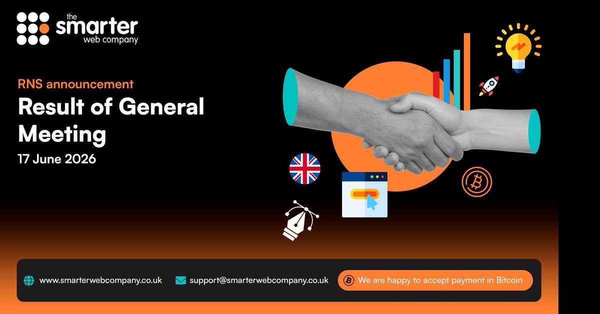 smarterwebuk's tweet photo. RNS Announcement: Result of General Meeting

Please read the RNS on our website (link in comments).

LSE: #SWC | OTCQB: $TSWCF | FRA: $3M8 https://t.co/xWXEdJnx6a