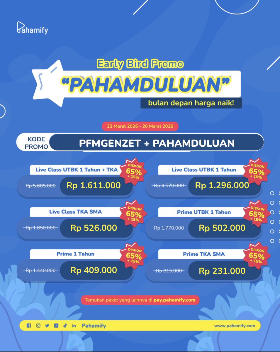 creabmi's tweet photo. Ambil discount gais

Rekomen: Liveclass UTBK

ini masih ada diskon nih, gas aja ke web resmi pahamify dan add kode (PFMGENZET + PAHAMDULUAN)

t. bimbel online utul ugm simak ui snbt utbk tryout diskon kode promo pahamify mipy les tka belajar itb um https://t.co/8WbVayBYLR