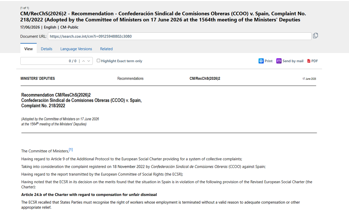 emartinest's tweet photo. ¡IMPORTANTE! El Comité de ministros del Consejo de Europa aprueba una Recomendación a España para modificar la indemnización por #despidoimprocedente, en consonancia con lo dispuesto en la Carta Social Europea revisada (hoy, 17 de junio 2026) https://t.co/ewZJSZpMXB