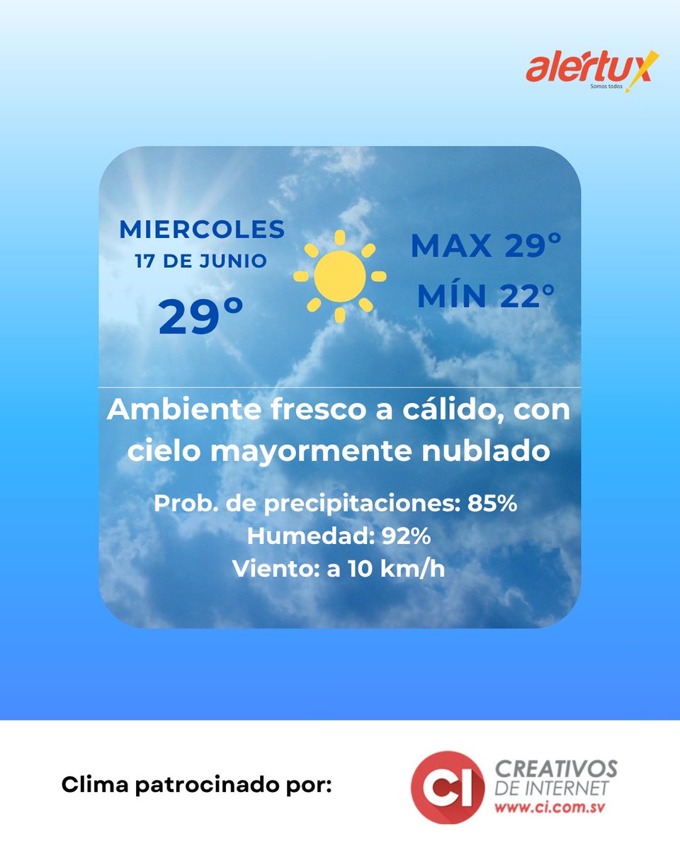 alertux's tweet photo. #Climasv Para esta mañana se prevé un ambiente fresco mayormente nublado con lluvias, con una temperatura máxima de 29°C y vientos de 10 km/h. Se recomienda precaución por posibles inundaciones urbanas, caída de ramas y quebradas, así como reducción de visibilidad en carretera. https://t.co/3bLp8GmmLU
