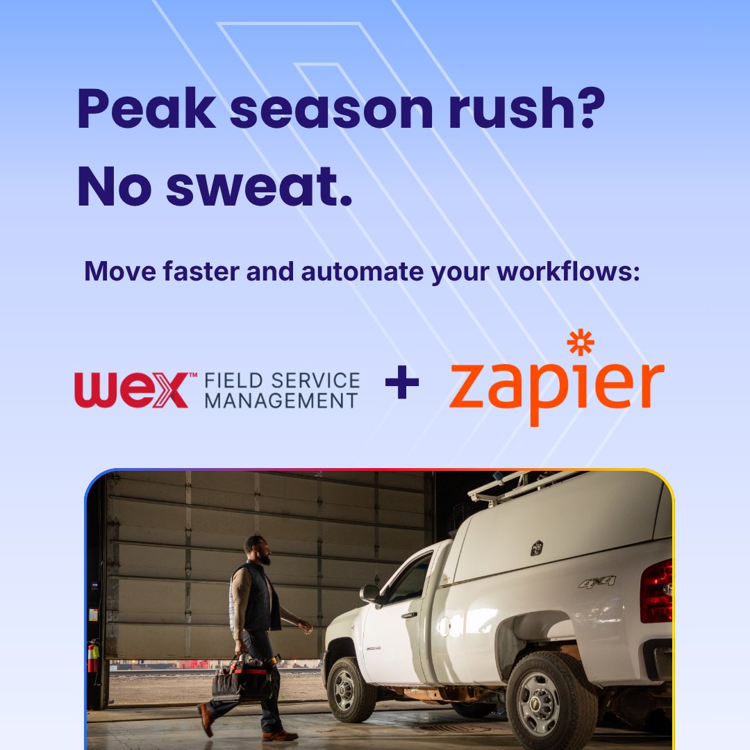 wexfsm's tweet photo. When you're managing a busy season, jumping between disconnected software takes up valuable time. We are excited to announce that WEX FSM now integrates with Zapier! You can now connect your WEX FSM platform to thousands of your favorite apps.

🔃Automate repetitive tasks

🔄Sync customer data instantly

📋Focus on growing your business, not updating spreadsheets

Turn your operations into a seamless workflow today. Learn how to set up your first Zap: https://t.co/h3F7jYA4Td