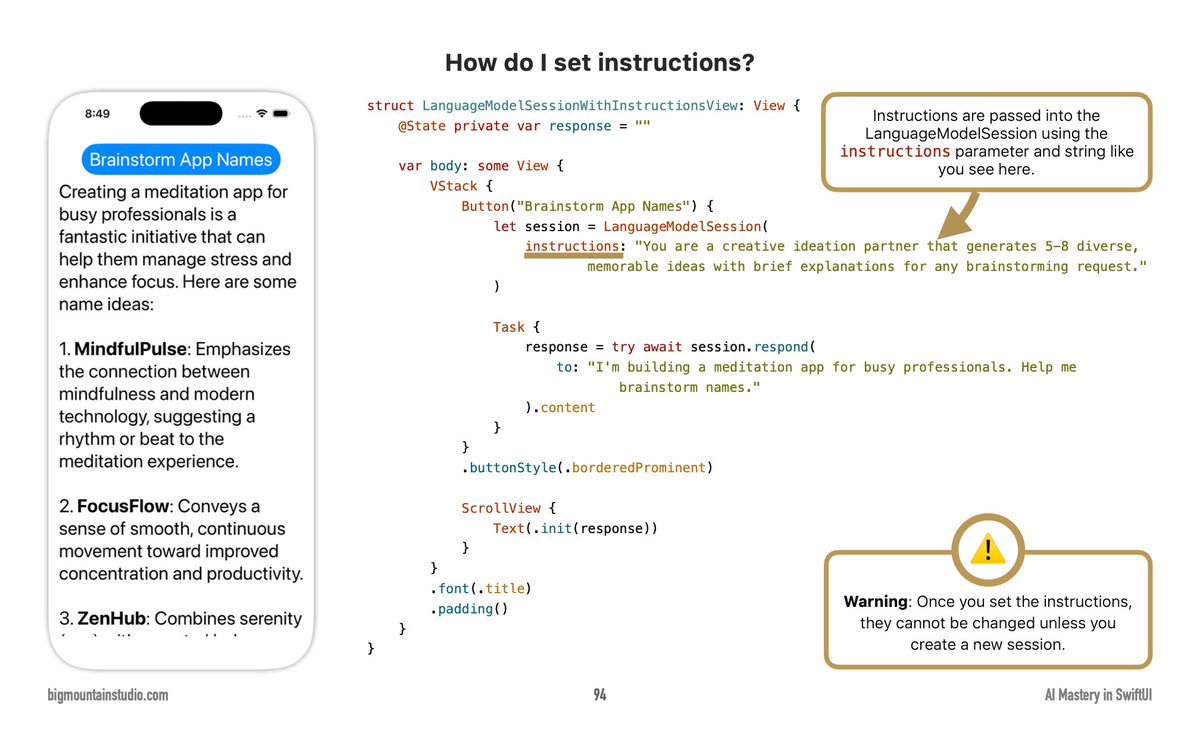 BigMtnStudio's tweet photo. ❓How do I set instructions for a language model session in SwiftUI?
💡Pass instructions into the LanguageModelSession using the instructions parameter with a string describing the AI's behavior and role.
👉Free #SwiftUI picture book at https://t.co/fC3W05RAZO https://t.co/s3xNWyBZOq