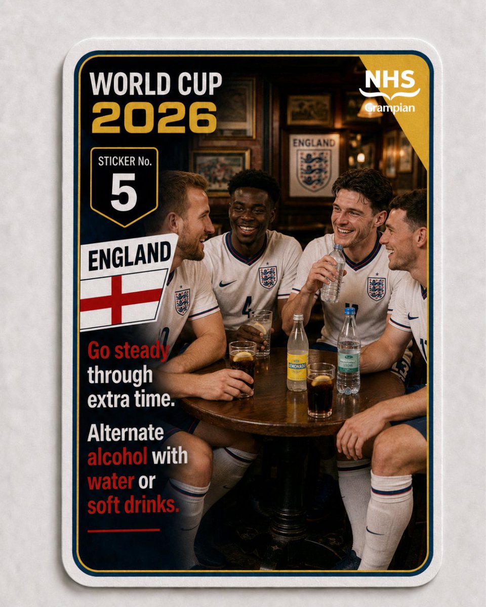 NHSGrampian's tweet photo. โฝ Sticker 5/12 โฝ
Drinking during the match? Stay hydrated.
๐บโ๏ธ๐ง Alternate alcohol with water or soft drinks to feel better & look out for your squad.
Save & share!
12 tips. One game plan. Collect them all.
#StayMatchFit #WorldCup #TeamGrampian #ProudToBeNHSG https://t.co/XFlngGC5i0