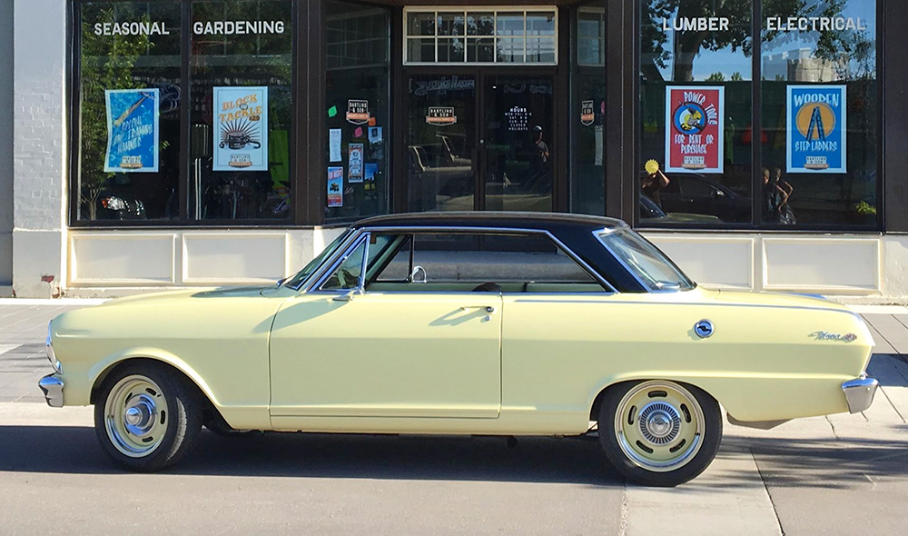 ClassicInd's tweet photo. Char Nagy sent us this photo of his restored Nova parked downtown. Beautiful! That Butternut Yellow paint looks great on it. #Chevy #ChevyII #Nova #classiccar #restoration #ClassicIndustries https://t.co/fb4MMNLJBu