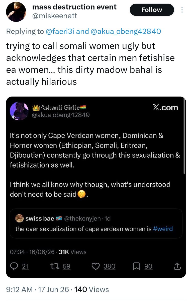 akua_obeng42840's tweet photo. It's the way West Africans are expected to never stoop to their level, people always expect us to shut up and never respond at all. These people can call us jareer, gorillas, madow, adoon, abeed, and nappy-headed 24/7, but God-forbid a West African goes to hell with them🖕🏿. https://t.co/Pu9BNvahmg