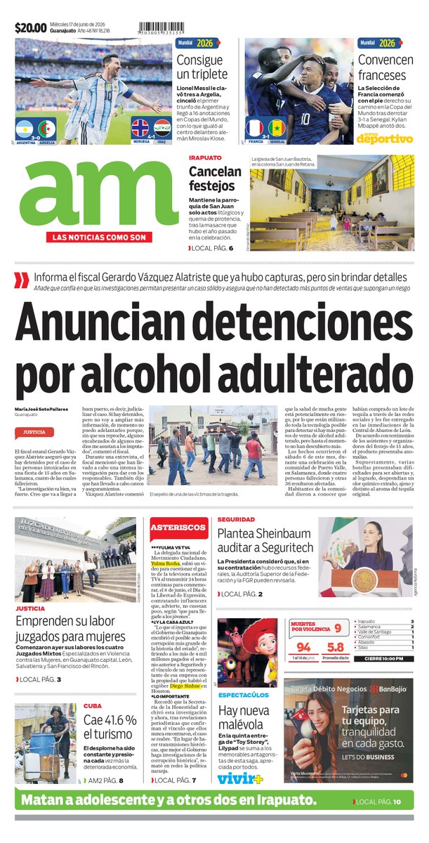 periodicoam's tweet photo. ¡Buenos días! Hoy es *miércoles 17 de junio del 2026* | 📰 Comienza tu día con *Las 8AM*☀️:
1️⃣ ¿Qué tan conectado está Guanajuato? Rezago de internet en hogares se reduce 3% en dos años https://t.co/n2DhNvz5Vu

2️⃣ León amplía calles pero reduce banquetas: Advierten olvido al peatón en obras municipales https://t.co/UVCancX8L9

3️⃣ Tras caos por bloqueos en Guanajuato, va mesa técnica entre taxistas y choferes de plataforma https://t.co/z3uqZWUIjv

4️⃣ Crisis del agave en Guanajuato: Tequila sube, pero pagan el kilo a 80 centavos https://t.co/YotRpGfb2z

5️⃣ Pese a aranceles, China sigue dominando el mercado en México

https://t.co/1lzA2aOEYm
6️⃣ Desbandada en 4T por gubernaturas, fijan fecha para registrar aspirantes de Morena, PVEM y PT https://t.co/wDfbn5Ts3m

7️⃣ Festival de Verano Vive León 2026: lucha libre, talento local, shows familiares y más actividades gratis https://t.co/xP4GDkWccB

8️⃣ Cristiano Ronaldo llega a su sexto Mundial, su última oportunidad de tocar la gloria https://t.co/hpM0QR0eBJ

El periodismo independiente se sostiene gracias a sus lectores. Suscríbete a AM 👉 https://t.co/YaPwFQHCv6

Sigue nuestro newsletter https://t.co/OJ8bUBsyzA