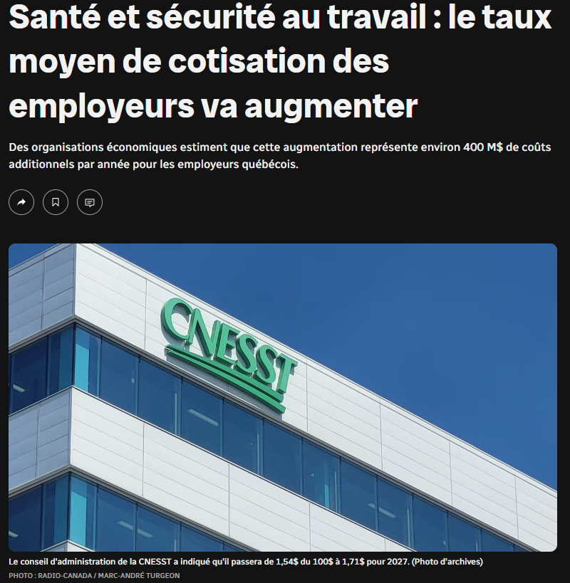 FCCQ's tweet photo. « Les entreprises québécoises font déjà face aux tarifs douaniers américains, aux restrictions imposées aux travailleurs étrangers et à l’alourdissement du fardeau fiscal et réglementaire. La dernière chose dont elles ont besoin en ce moment, c’est une hausse de 11 % de leurs cotisations à la CNESST. » Véronique Proulx, PDG.

La Fédération des chambres de commerce du Québec (FCCQ), le Conseil du patronat du Québec et la Fédération canadienne de l'entreprise indépendante dénoncent fermement l'augmentation des cotisations au régime de santé et sécurité du travail annoncée hier. Alors que le gouvernement affirmait que la réforme du régime de SST allait se faire à coût nul, cette nouvelle hausse va nuire à des entreprises déjà fragilisées par un cadre règlementaire et fiscal trop contraignant.

Nous demandons au gouvernement de revoir le cadre réglementaire trop coûteux, de s'attaquer aux enjeux structurels qui fragilisent le régime et de réduire les délais administratifs et de traitement des dossiers. Il est temps de corriger le tir avant que la situation ne se détériore davantage.

Pour lire le communiqué de presse : https://t.co/BbCdb0KBVZ