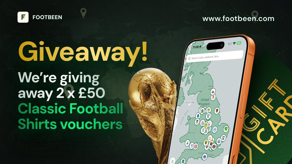 footbeenapp's tweet photo. World Cup 2026 GIVEAWAY!

Win 1 of 2 x £50 Classic Football Shirts vouchers.

To enter:
1. Follow @footbeenapp
2. Repost this post

Winners picked at random on Sunday 28 June.

https://t.co/wMpQkMj1Zc

#FIFAWorldCup #Giveaway #Groundhopping https://t.co/tJC8F8lH1F