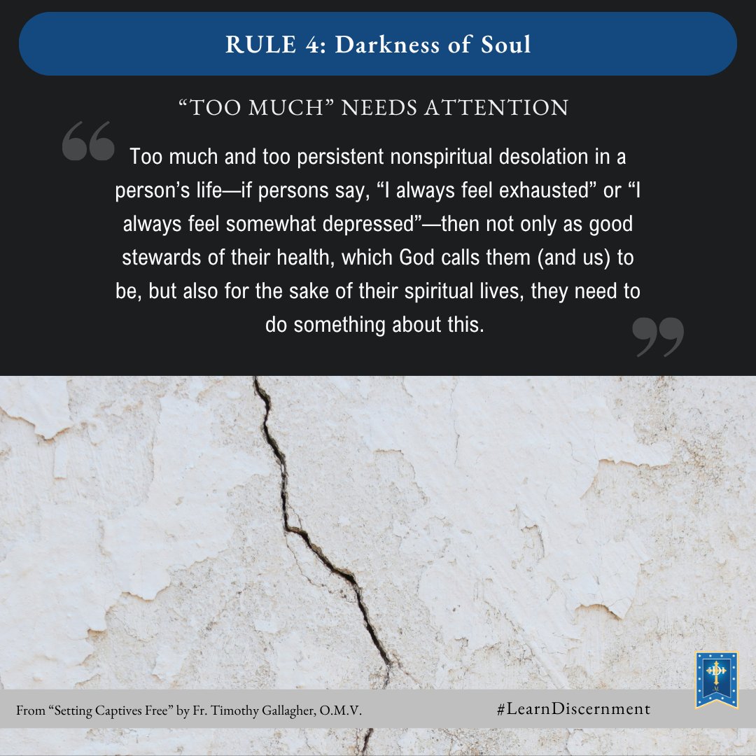 DiscernmentInst's tweet photo. We must be good stewards of our heath, so too much and too persistent non-spiritual desolation should get our attention. God calls us to do this for the sake of our spiritual lives, we must act if things feel "too much." #LearnDiscernment https://t.co/hNC9qK9OdR