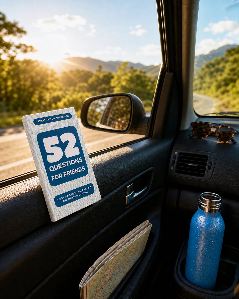 TravisHellstrom's tweet photo. Three hours in the car. Phones down. Now what?

One question per hour of highway, and you'll know your friends better by the next gas stop. That's why 52 Questions for a Better Friendship lives in my glove box.

Best conversation you've ever had on a road trip? https://t.co/LwavWt9wdp